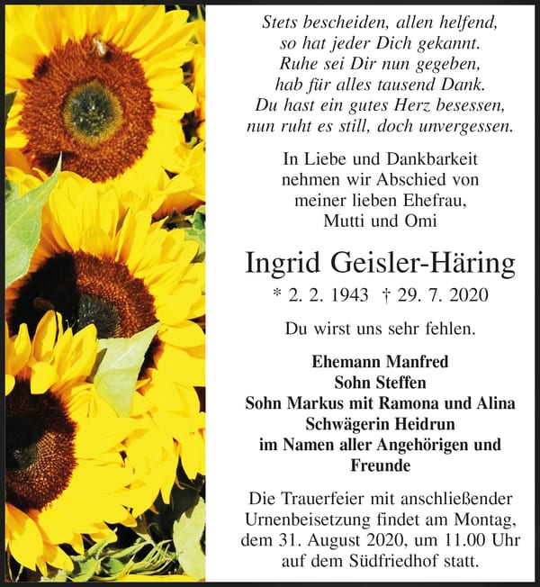 Traueranzeige Ingrid Geisler-Häring