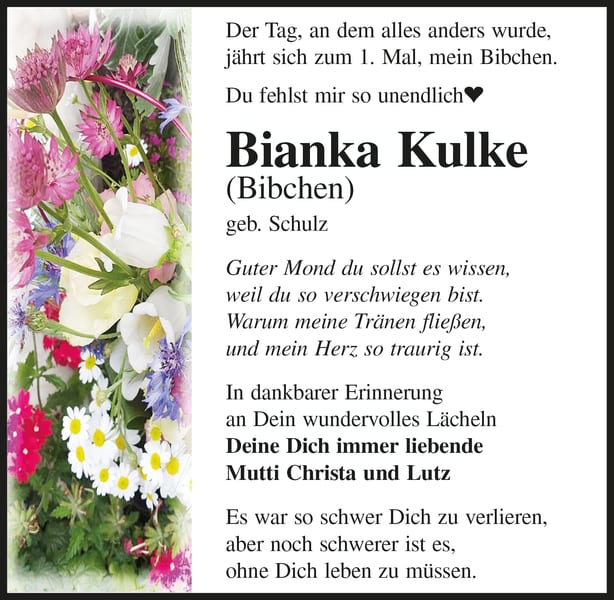 Jahresgedenken Bianka Kulke (Bibchen), geb. Schulz