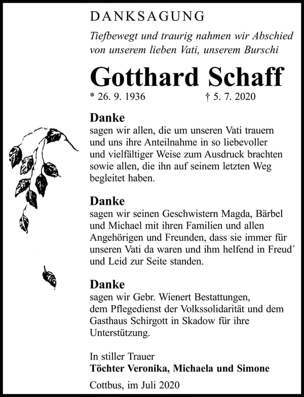 Traueranzeige Gotthard Schaff