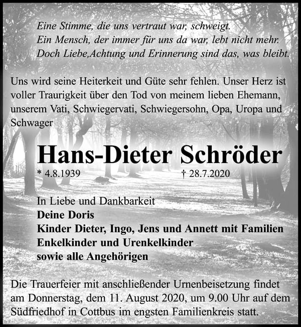 Traueranzeige Hans-Dieter Schröder