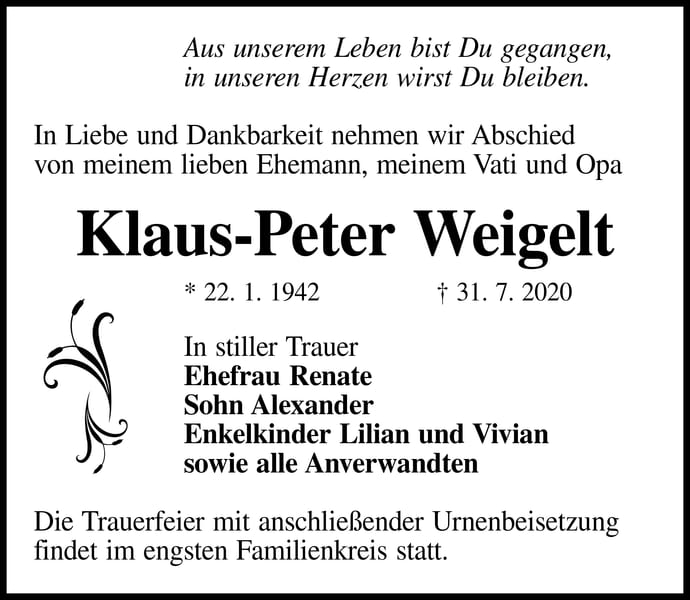 Traueranzeige Klaus-Peter Weigelt