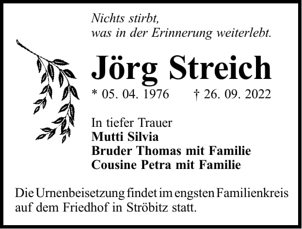Traueranzeige Jörg Streich
