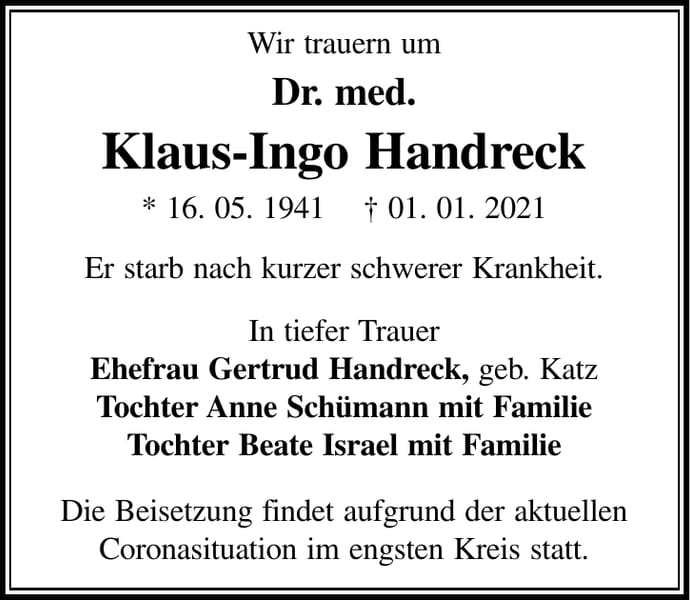 Traueranzeige Klaus-Ingo Handreck, geb. Katz