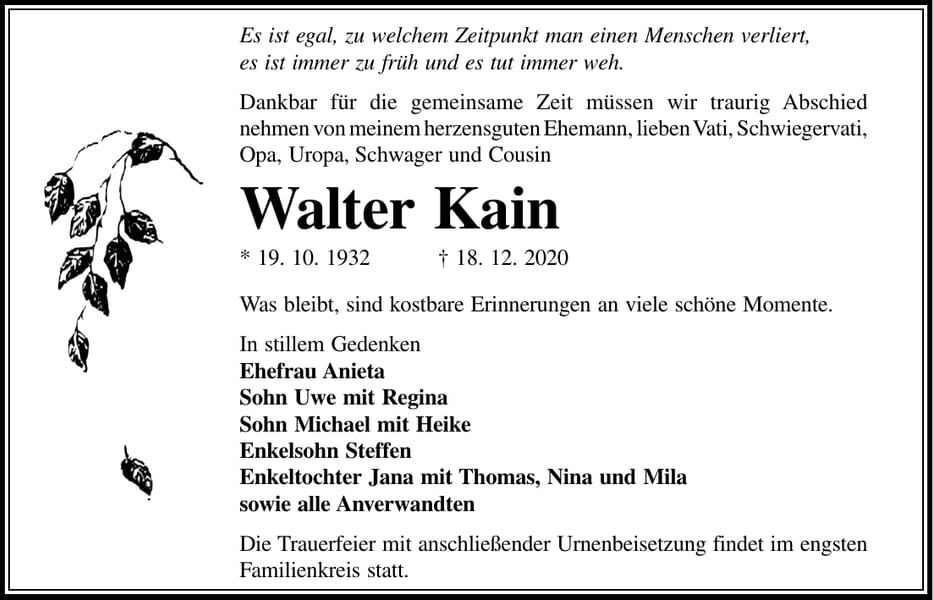 Traueranzeige Walter Kain