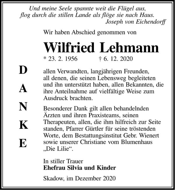 Danksagung Wilfried Lehmann