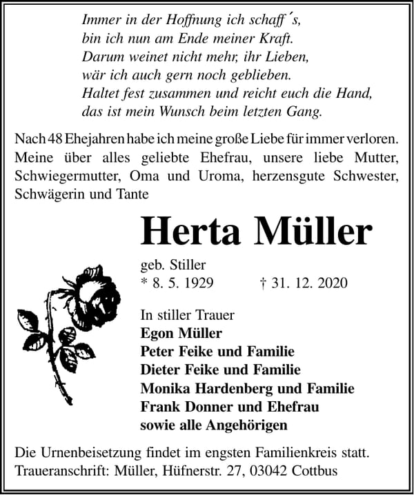 Traueranzeige Herta Müller, geb. Stiller