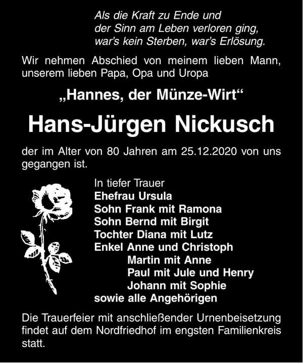 Traueranzeige Hans-Jürgen Nickusch