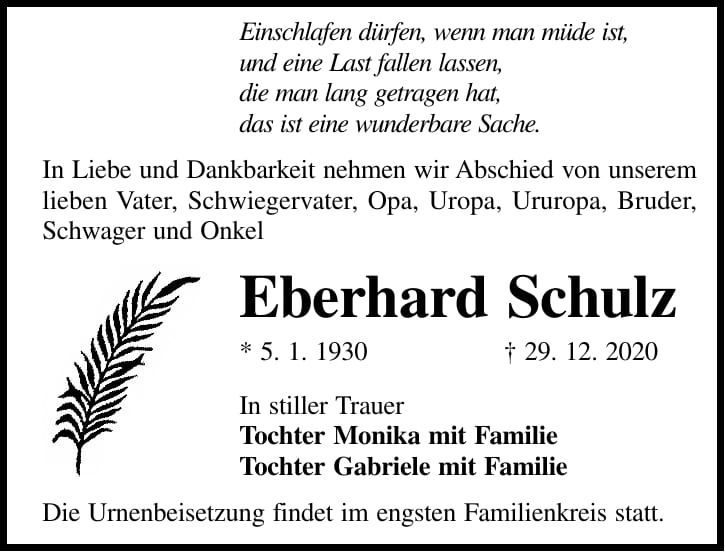 Traueranzeige Eberhard Schulz