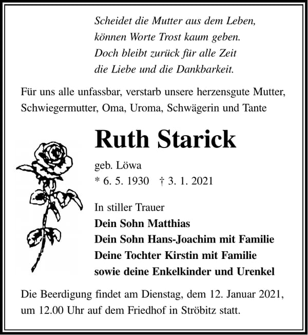 Traueranzeige Ruth Starick, geb. Löwa