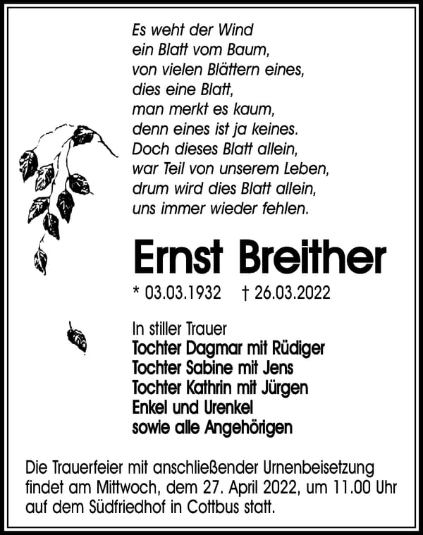Traueranzeige Ernst Breither