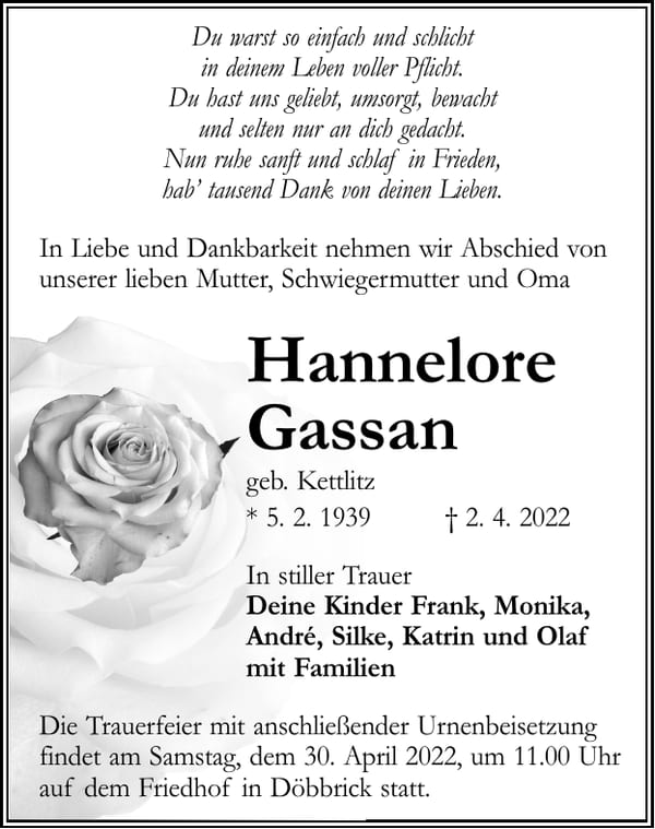 Traueranzeige Hannelore Gassan, geb. Kettlitz