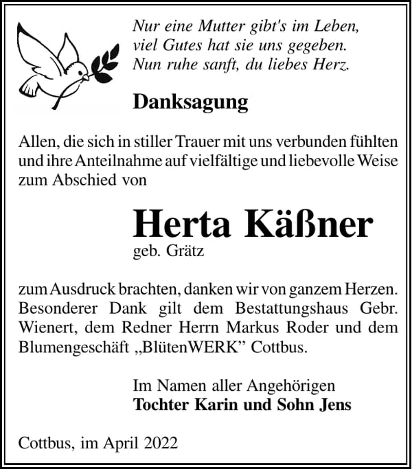 Danksagung Herta Käßner, geb. Grätz