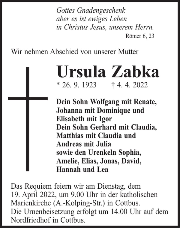 Traueranzeige Ursula Zabka
