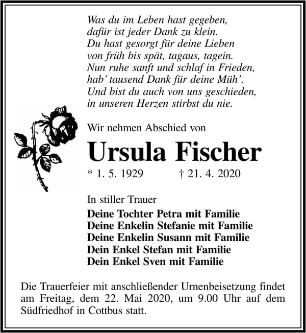 Traueranzeige Ursula Fischer