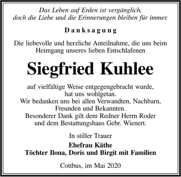 Danksagung Siegfried Kuhlee