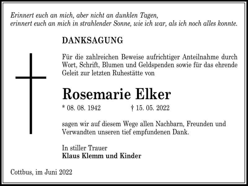 Danksagung Rosemarie Elker