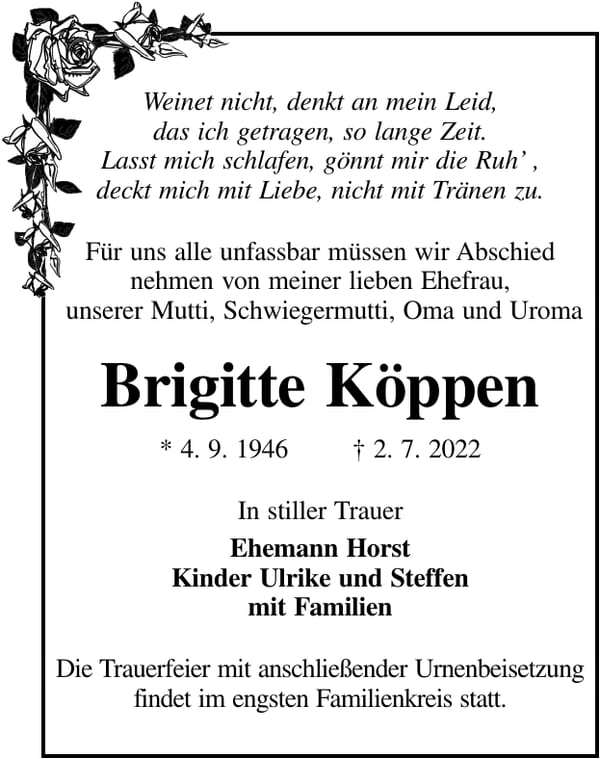 Traueranzeige Brigitte Köppen