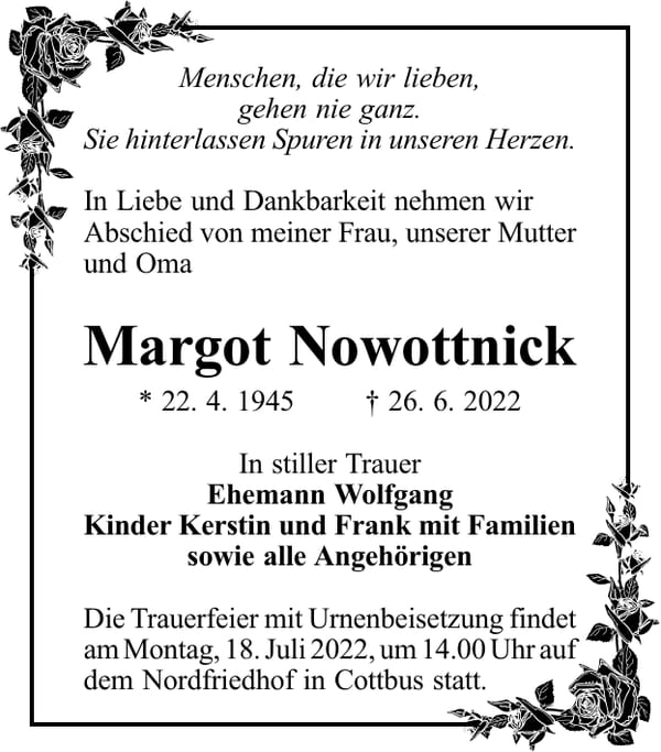 Traueranzeige Margot Nowottnick