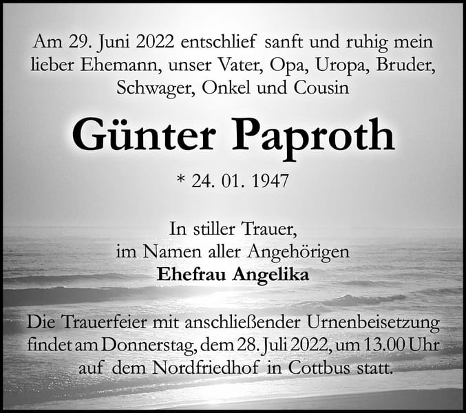 Traueranzeige Günter Paproth