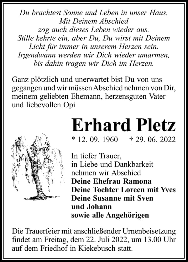 Traueranzeige Erhard Pletz