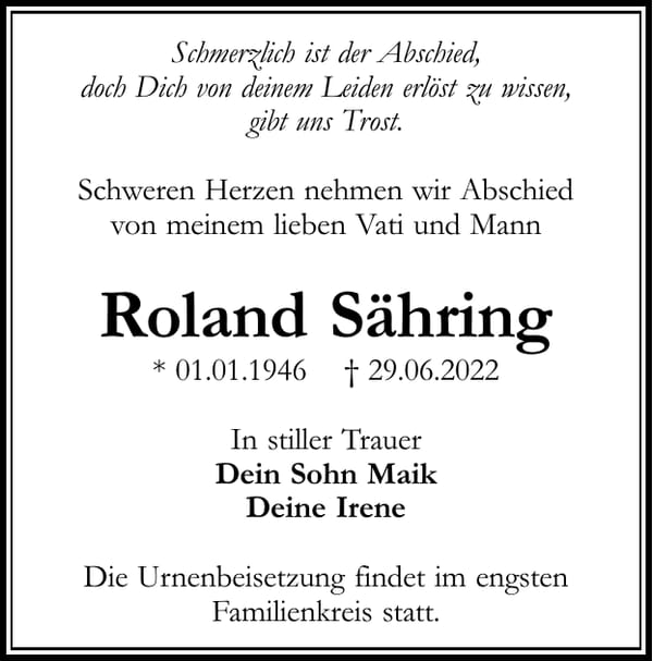 Traueranzeige Roland Sähring