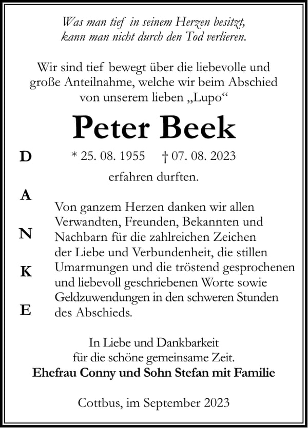 Danksagung Peter Beek