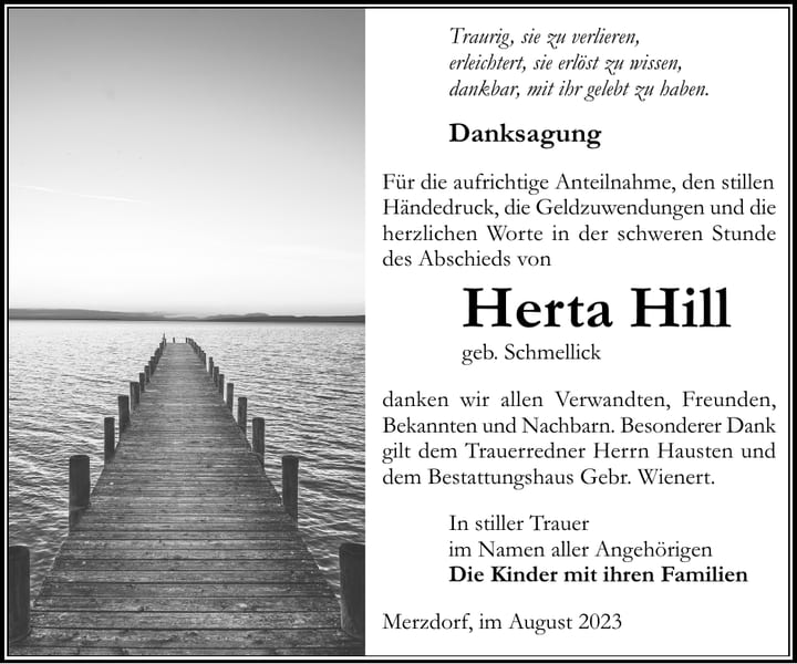Danksagung Herta Hill, geb. Schmellick