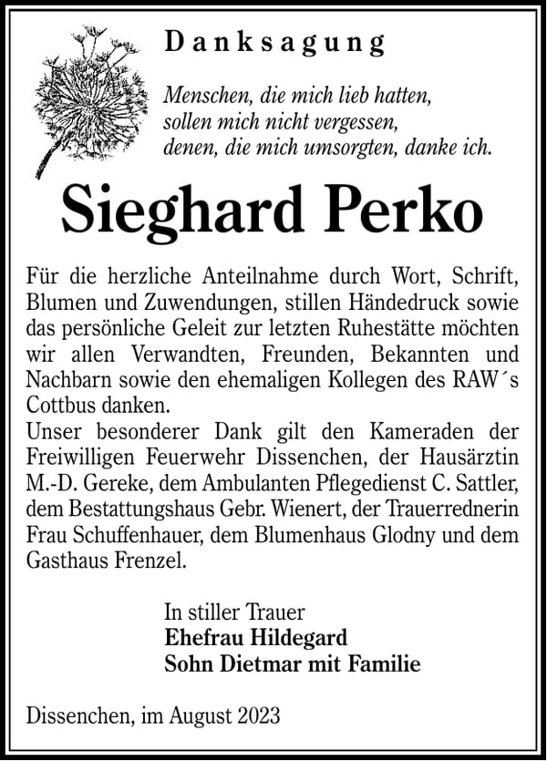 Danksagung Sieghard Perko