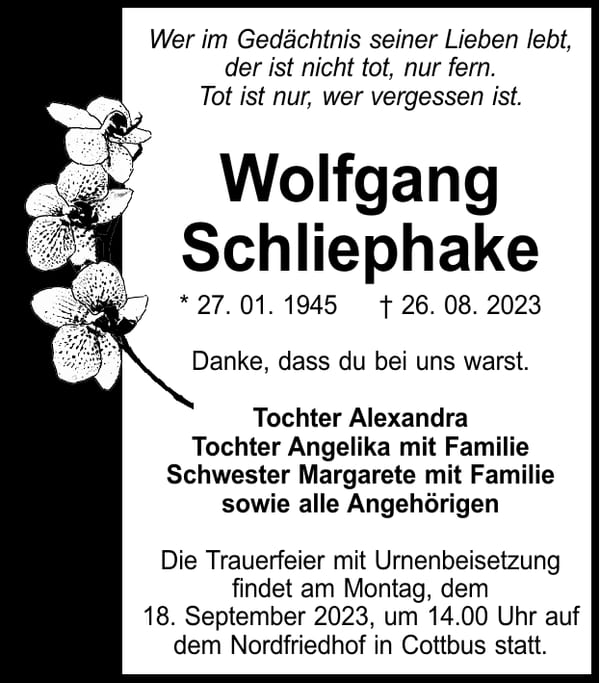 Traueranzeige Wolfgang Schliephake