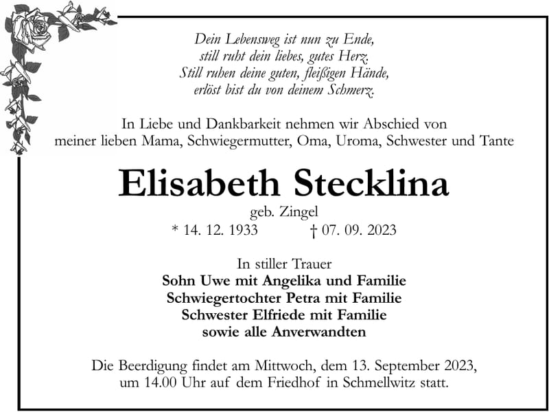 Traueranzeige Elisabeth Stecklina, geb. Zingel