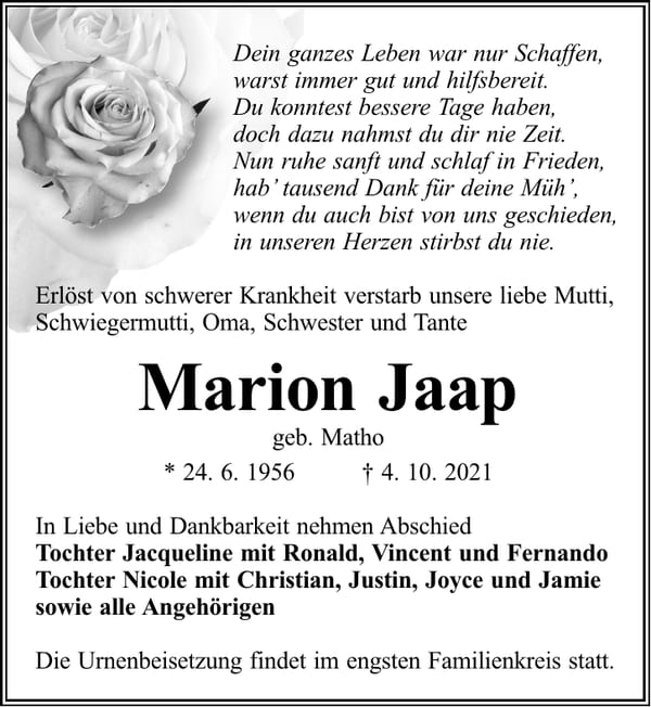 Traueranzeige Marion Jaap, geb. Matho