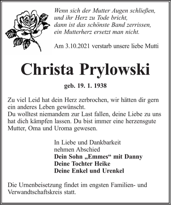 Traueranzeige Christa Prylowski