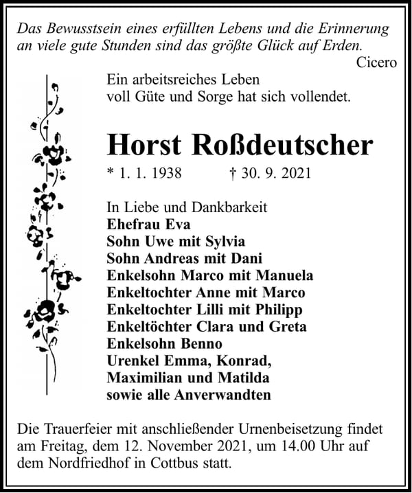 Traueranzeige Horst Roßdeutscher