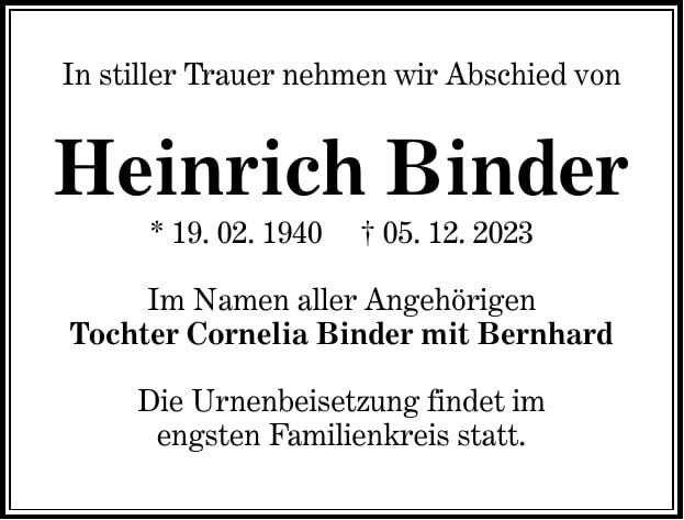 Traueranzeige Heinrich Binder