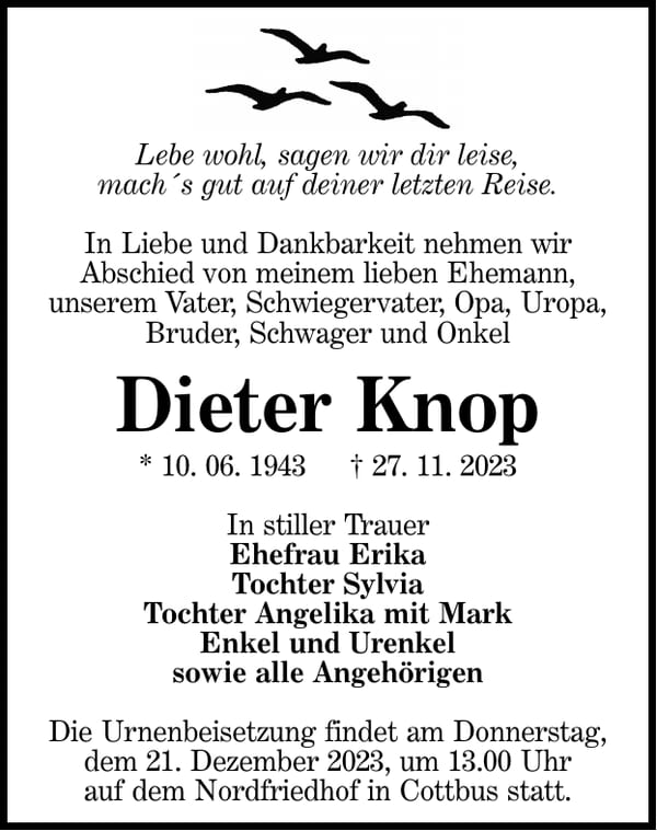 Traueranzeige Dieter Knop