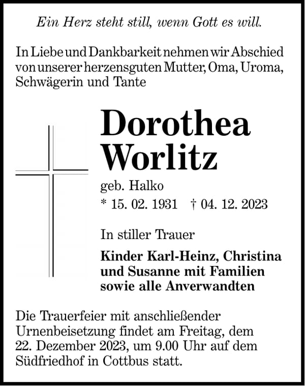 Traueranzeige Dorothea Worlitz, geb. Halko