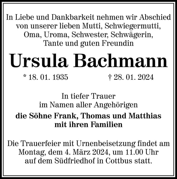 Traueranzeige Ursula Bachmann