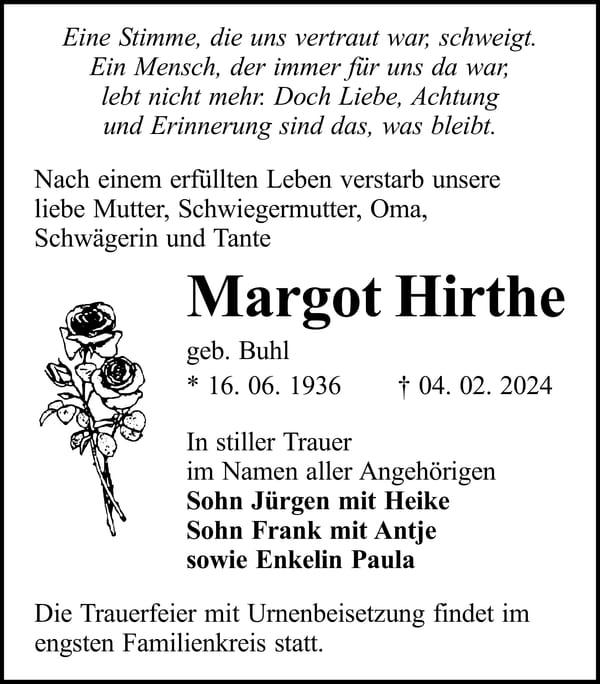 Traueranzeige Margot Hirthe, geb. Buhl