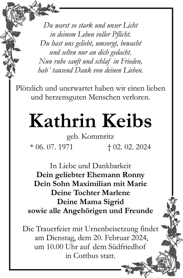 Traueranzeige Kathrin Keibs, geb. Kommritz