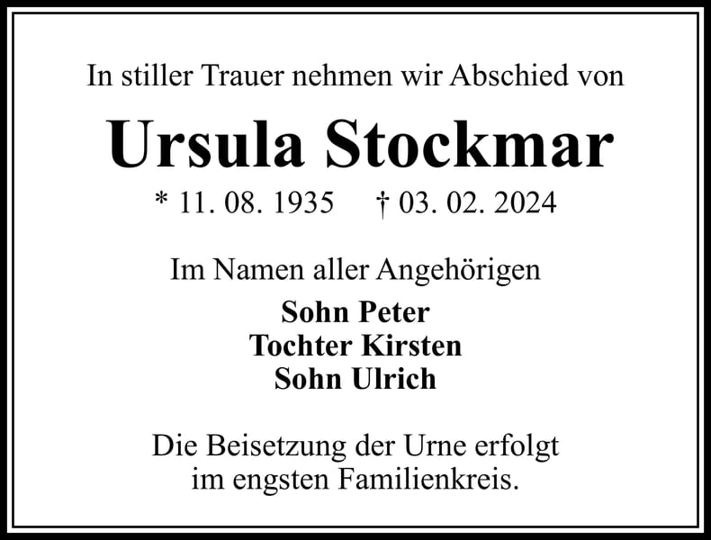 Traueranzeige Ursula Stockmar