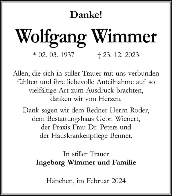 Danksagung Wolfgang Wimmer
