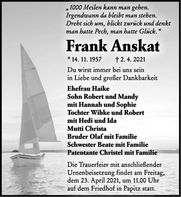 Traueranzeige Frank Anskat
