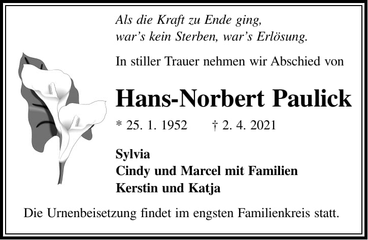 Traueranzeige Hans-Norbert Paulick