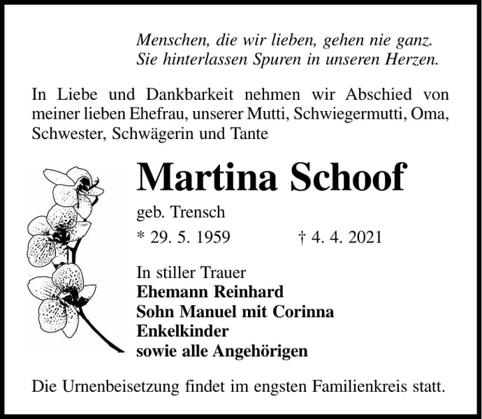 Traueranzeige Martina Schoof, geb. Trensch