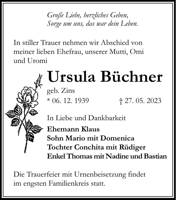 Traueranzeige Ursula Büchner, geb. Zins