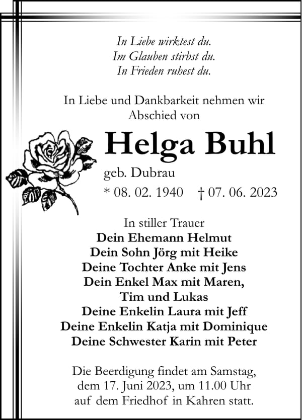 Traueranzeige Helga Buhl, geb. Dubrau