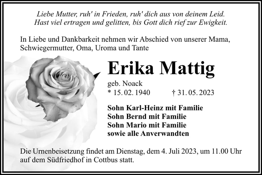Traueranzeige Erika Mattig, geb. Noack