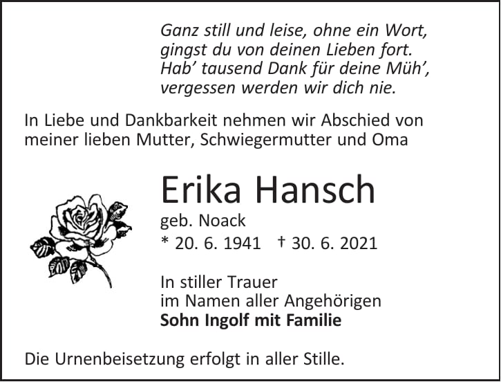 Traueranzeige Erika Hansch, geb. Noack