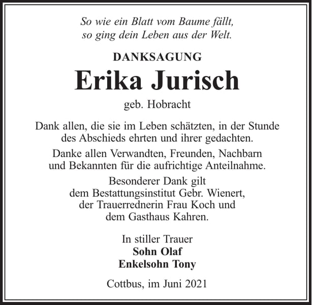 Danksagung Erika Jurisch, geb. Hobracht