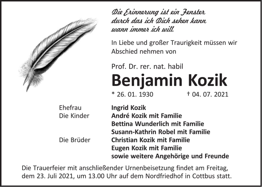 Traueranzeige Benjamin Kozik